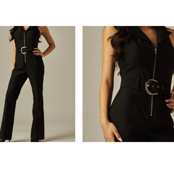 Love Poem Black Zip Front Belted Jumpsuit NWT Size L Bootcut Dolly-01 - Picture 1 of 12